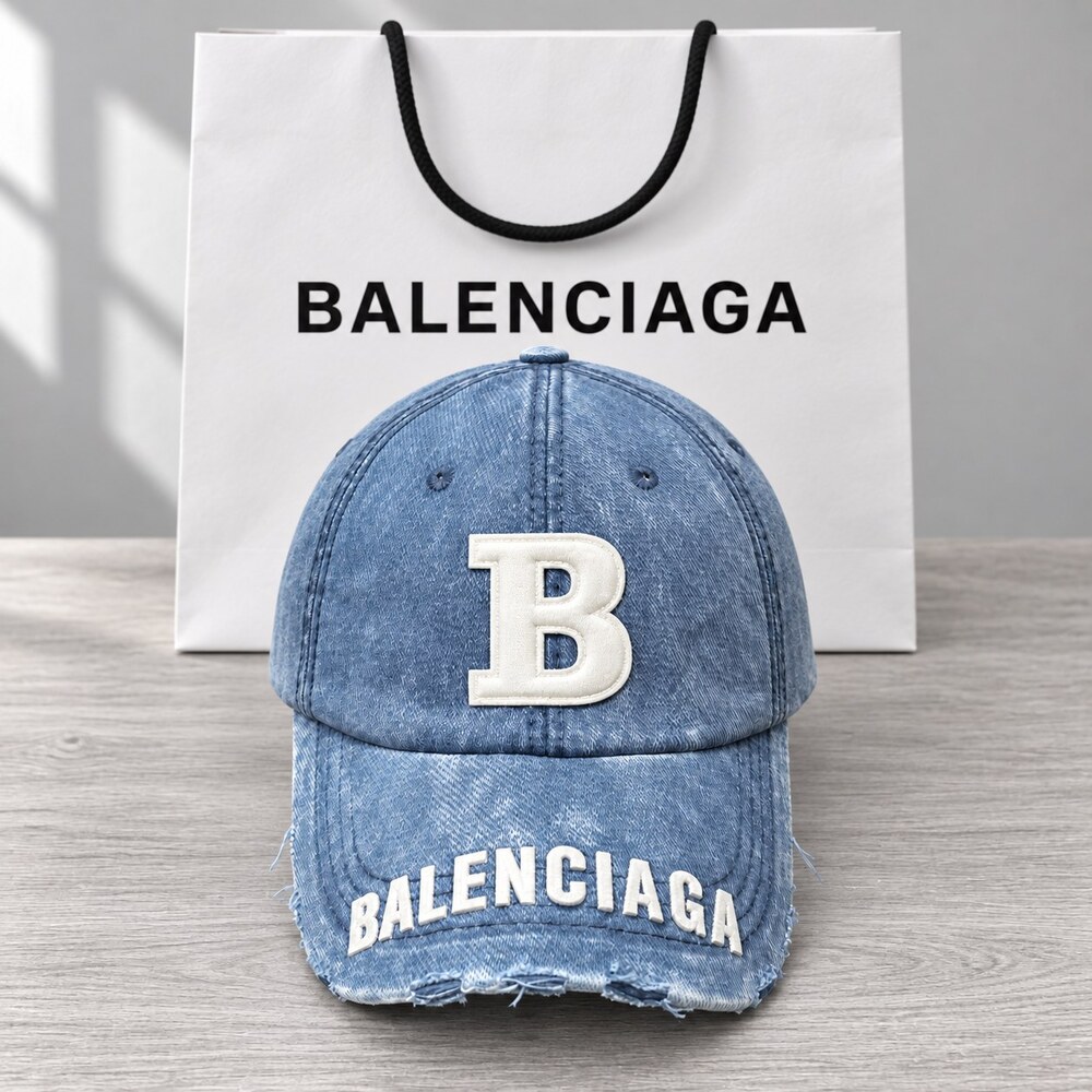 Balenciaga Blue Distressed Denim Cap